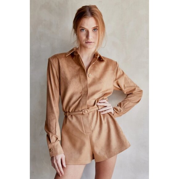 NWT Alexis Archers Romper Tan Vegan Suede Long Sleeve Size XS - Picture 5 of 10